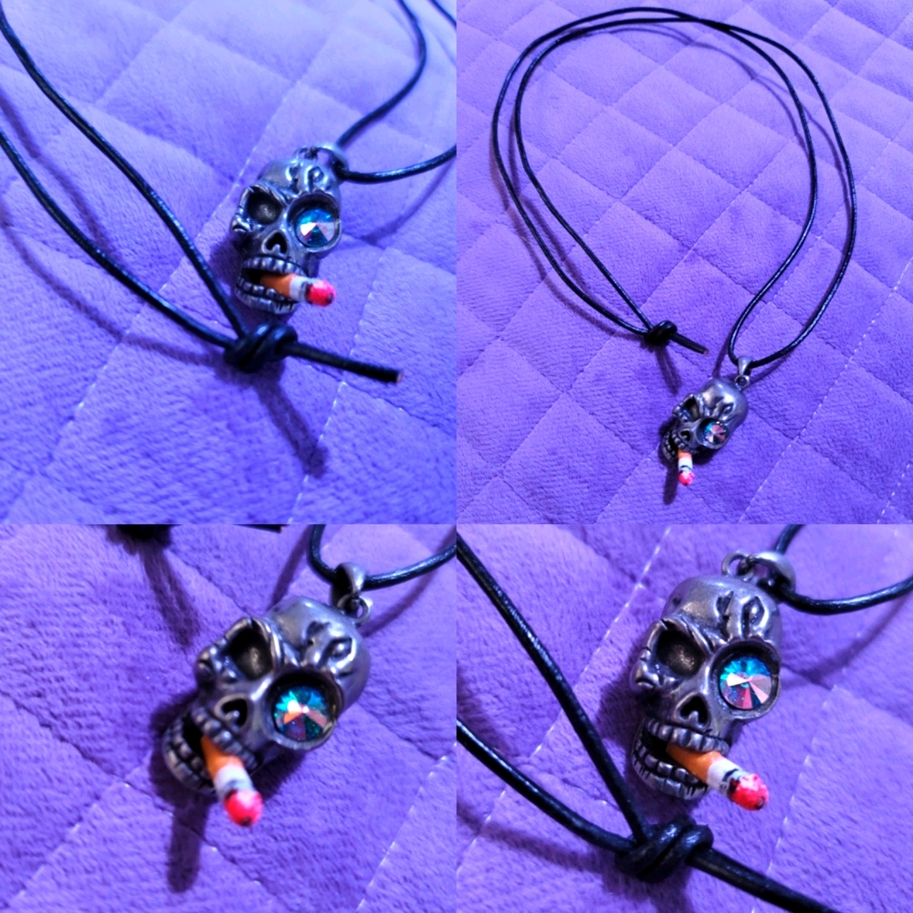 Silver Smoking Skull with Crystal Eye necklace